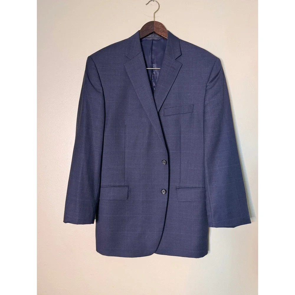 Lauren Ralph Lauren Mens 42R Navy Blue Windowpane 100% Wool Blazer Sport‎ Coat
